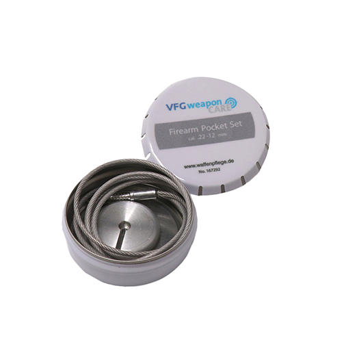 The VFG Firearm Pocket Set for Cal. .22-.50 offers quick, easy cleaning with a compact design, featuring a plastic-coated steel cable and grip disc for efficient use.